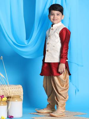  boys' maroon, beige and rose gold jacket, kurta and dhoti set 2