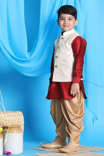  boys' maroon, beige and rose gold jacket, kurta and dhoti set