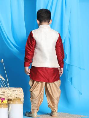  boys' maroon, beige and rose gold jacket, kurta and dhoti set 3