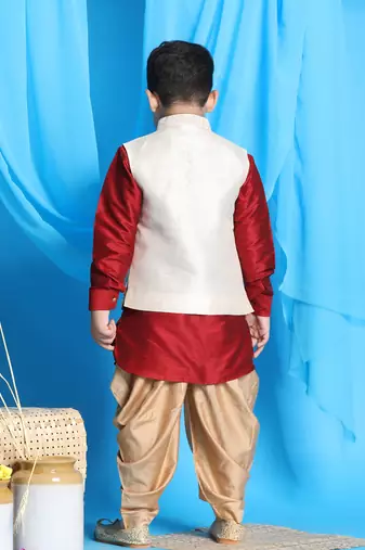  boys' maroon, beige and rose gold jacket, kurta and dhoti set
