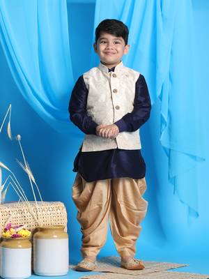  boys' navy blue, beige and rose gold jacket, kurta and dhoti set 1