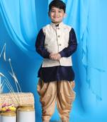  boys' navy blue, beige and rose gold jacket, kurta and dhoti set