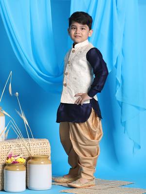  boys' navy blue, beige and rose gold jacket, kurta and dhoti set 2
