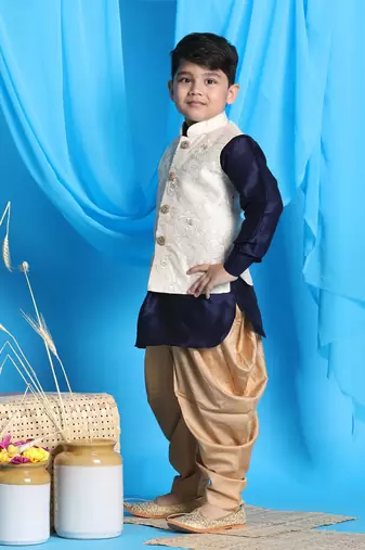  boys' navy blue, beige and rose gold jacket, kurta and dhoti set
