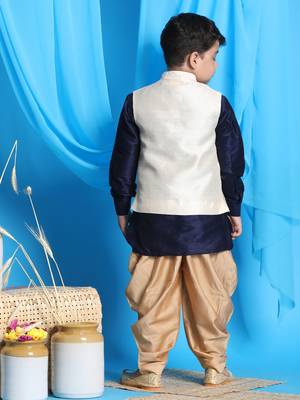  boys' navy blue, beige and rose gold jacket, kurta and dhoti set 3