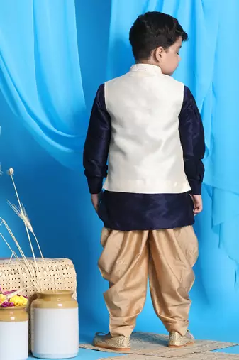  boys' navy blue, beige and rose gold jacket, kurta and dhoti set