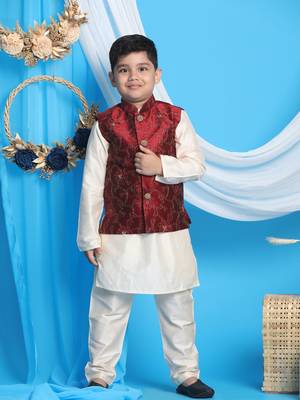 maroon and cream jacket, kurta and pyjama set 1