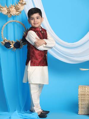 maroon and cream jacket, kurta and pyjama set 2
