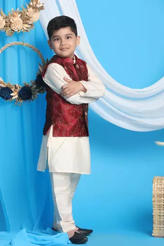 maroon and cream jacket, kurta and pyjama set