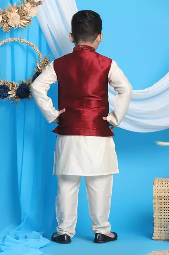 maroon and cream jacket, kurta and pyjama set