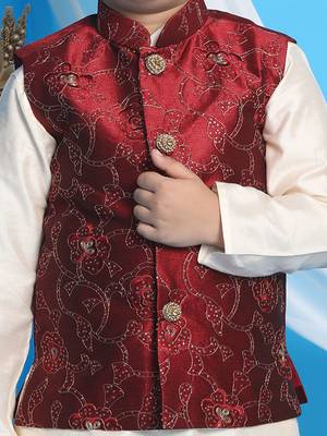 maroon and cream jacket, kurta and pyjama set 4