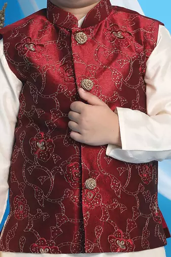maroon and cream jacket, kurta and pyjama set