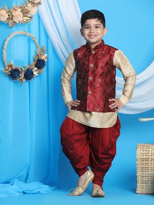 maroon and gold jacket, kurta and dhoti set 1