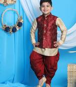 maroon and gold jacket, kurta and dhoti set