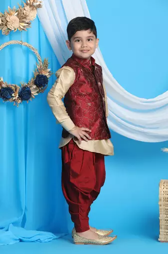 maroon and gold jacket, kurta and dhoti set