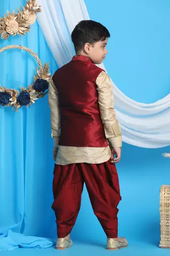 maroon and gold jacket, kurta and dhoti set