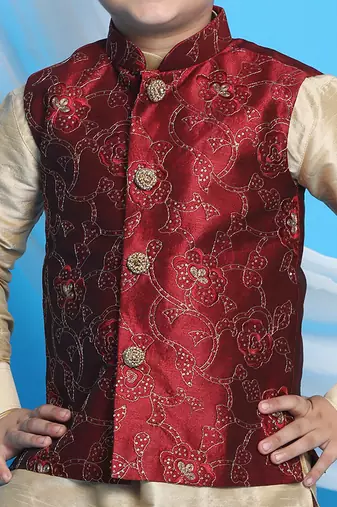 maroon and gold jacket, kurta and dhoti set