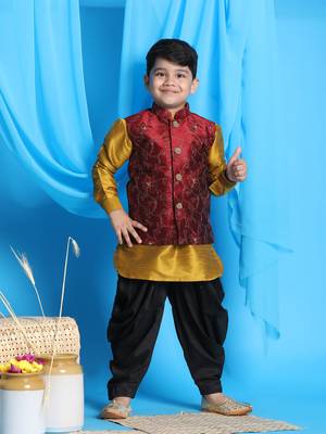 mustard, maroon and black jacket, kurta and dhoti set 1