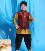 mustard, maroon and black jacket, kurta and dhoti set
