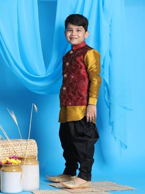 mustard, maroon and black jacket, kurta and dhoti set 2