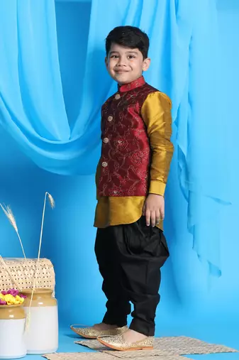 mustard, maroon and black jacket, kurta and dhoti set