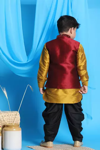 mustard, maroon and black jacket, kurta and dhoti set