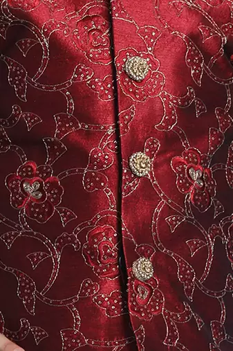 mustard, maroon and black jacket, kurta and dhoti set