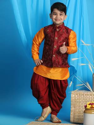 maroon and orange jacket, kurta and dhoti set 1
