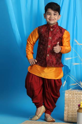  boys' maroon and orange jacket, kurta and dhoti set