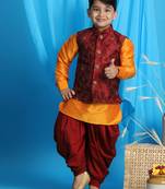 maroon and orange jacket, kurta and dhoti set
