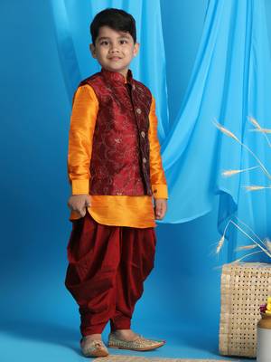 maroon and orange jacket, kurta and dhoti set 2