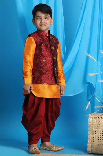 maroon and orange jacket, kurta and dhoti set