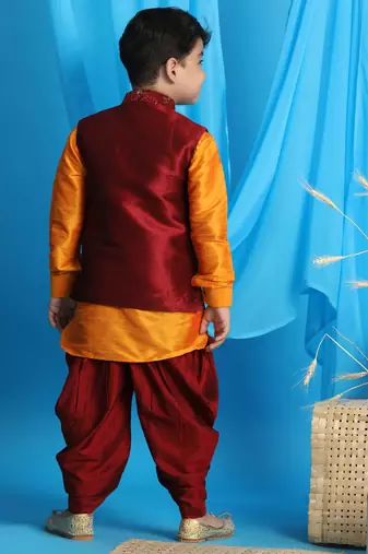 maroon and orange jacket, kurta and dhoti set