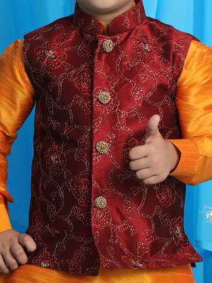 maroon and orange jacket, kurta and dhoti set 4
