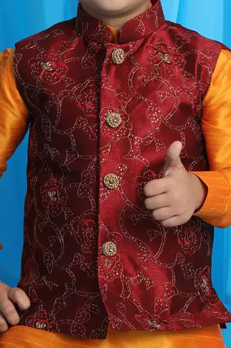 maroon and orange jacket, kurta and dhoti set