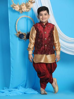 maroon and rose gold jacket, kurta and dhoti set 1