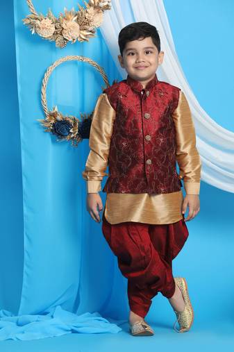  boys' maroon and rose gold jacket, kurta and dhoti set