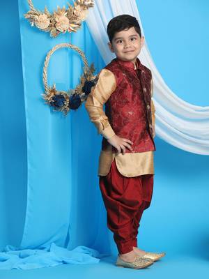 maroon and rose gold jacket, kurta and dhoti set 2