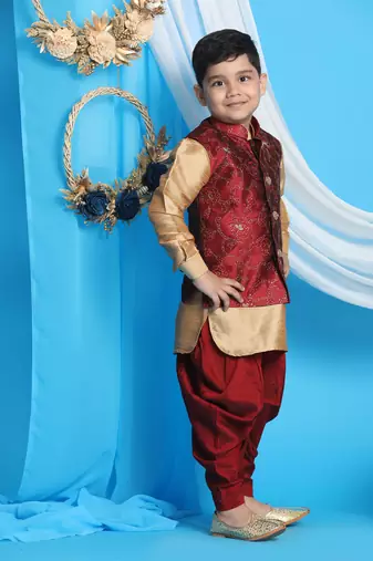 maroon and rose gold jacket, kurta and dhoti set