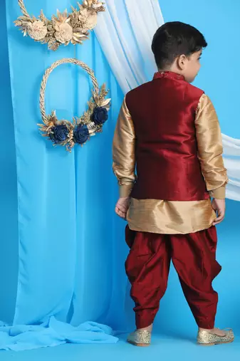 maroon and rose gold jacket, kurta and dhoti set