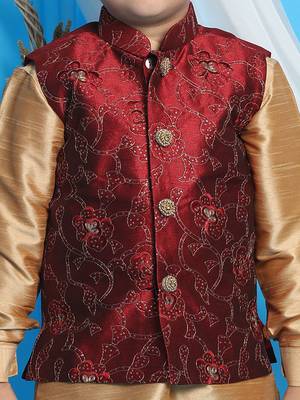 maroon and rose gold jacket, kurta and dhoti set 4