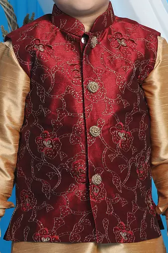 maroon and rose gold jacket, kurta and dhoti set