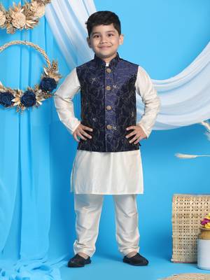 navy blue and cream jacket, kurta and pyjama set 1