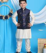 boys' navy blue and cream jacket, kurta and pyjama set