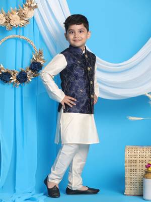 navy blue and cream jacket, kurta and pyjama set 2