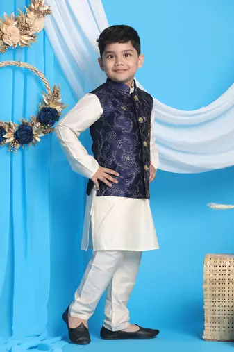 navy blue and cream jacket, kurta and pyjama set