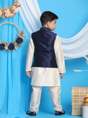 navy blue and cream jacket, kurta and pyjama set 3