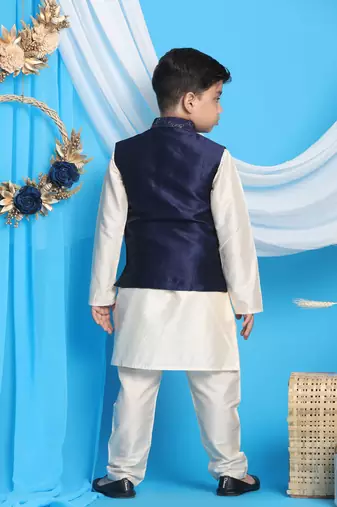 navy blue and cream jacket, kurta and pyjama set