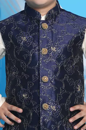 navy blue and cream jacket, kurta and pyjama set