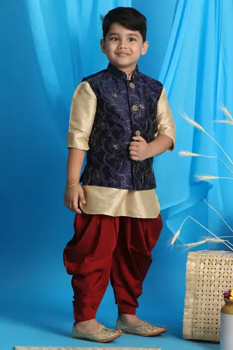 gold, navy blue and maroon jacket, kurta and dhoti set
